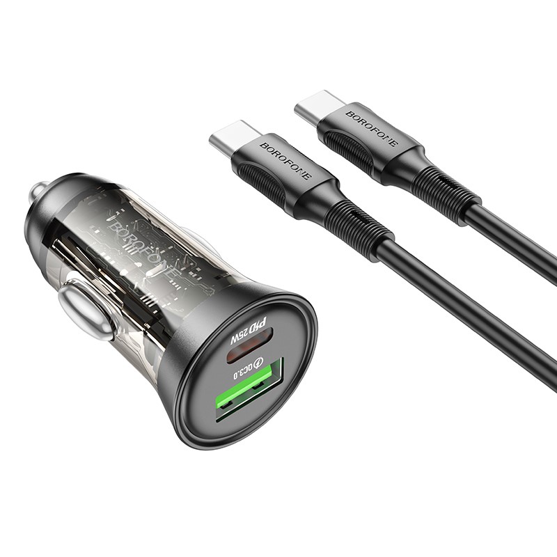 Incarcator Auto Borofone BZ26A Shadow USB + TYPE C - PD 43W 3A +Cablu 1USB Type C-Type C - Transparent